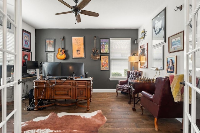 office with ceiling fan, dark wood-type flooring, and french doors