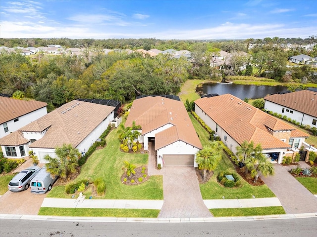 bird's eye view with a water view