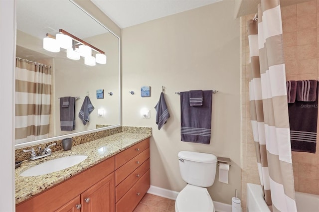 full bathroom featuring shower / bathtub combination with curtain, tile patterned floors, vanity, and toilet