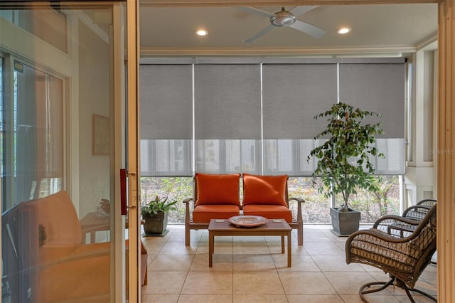 interior space with ceiling fan and a healthy amount of sunlight