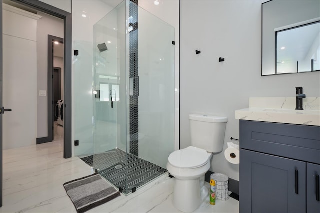 bathroom with walk in shower, toilet, and vanity