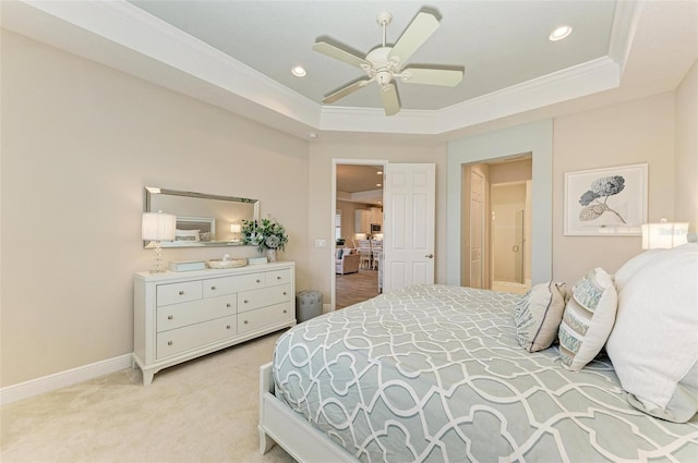 bedroom featuring recessed lighting, light colored carpet, baseboards, a raised ceiling, and crown molding