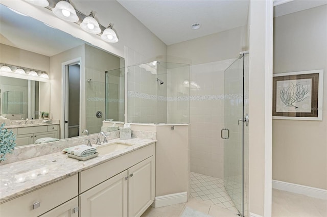 full bathroom with tile patterned flooring, a shower stall, and baseboards