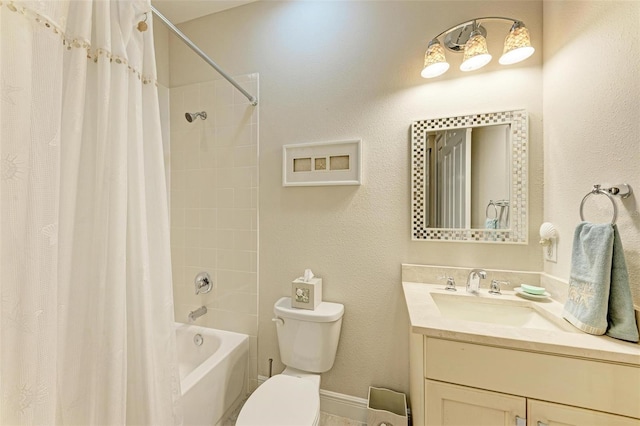 bathroom featuring toilet, shower / bath combination with curtain, and vanity