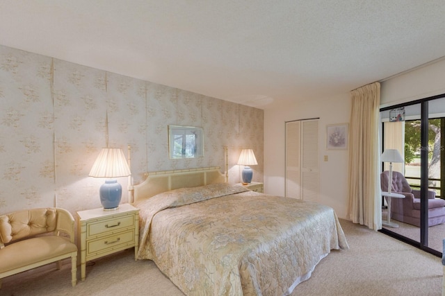 bedroom with light carpet, a textured ceiling, access to outside, and a closet