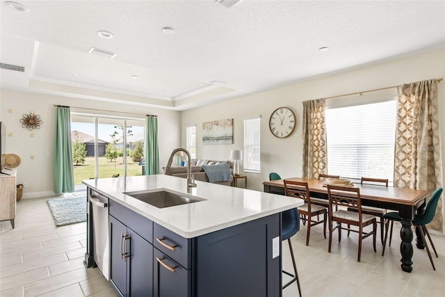 kitchen featuring a tray ceiling, a healthy amount of sunlight, and sink