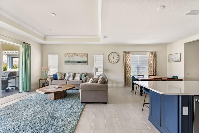 living room featuring crown molding, a raised ceiling, and a textured ceiling