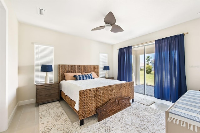 tiled bedroom featuring access to exterior and ceiling fan