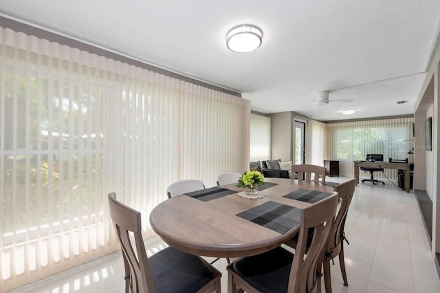 tiled dining room featuring a healthy amount of sunlight and ceiling fan