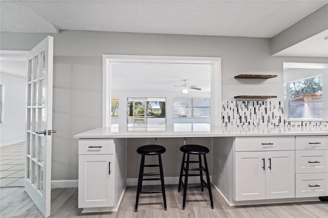 3240 Flamingo Ln, Mulberry, FL 33860 - kitchen featuring light wood-type flooring, white cabinetry, healthy amount of natural light, and decorative backsplash