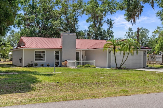 3240 Flamingo Ln, Mulberry, FL 33860 - ranch-style home with an attached garage, stucco siding, a chimney, a metal roof, and concrete driveway