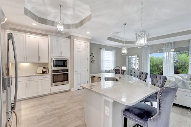 kitchen featuring a spacious island, stainless steel appliances, hanging light fixtures, a raised ceiling, and white cabinets