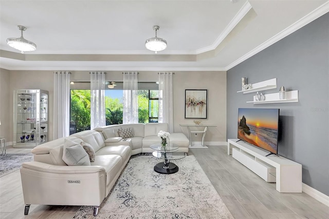 living room featuring ornamental molding, light hardwood / wood-style flooring, and a tray ceiling