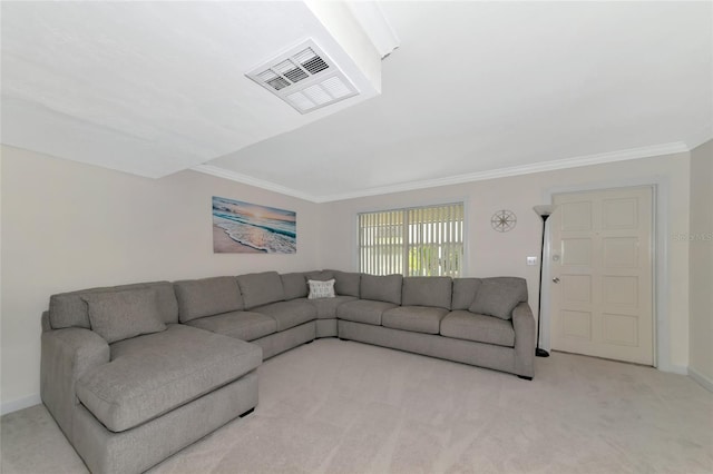 carpeted living room featuring crown molding