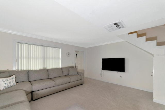 unfurnished living room with light carpet and crown molding