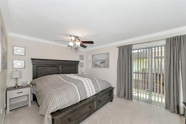 carpeted bedroom with ceiling fan, ornamental molding, and access to outside