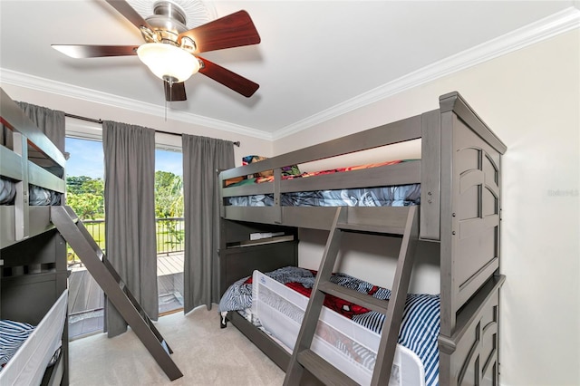 bedroom with light colored carpet, ceiling fan, ornamental molding, and access to outside