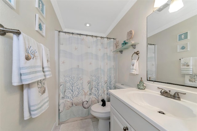 bathroom with toilet, walk in shower, tile patterned flooring, crown molding, and vanity