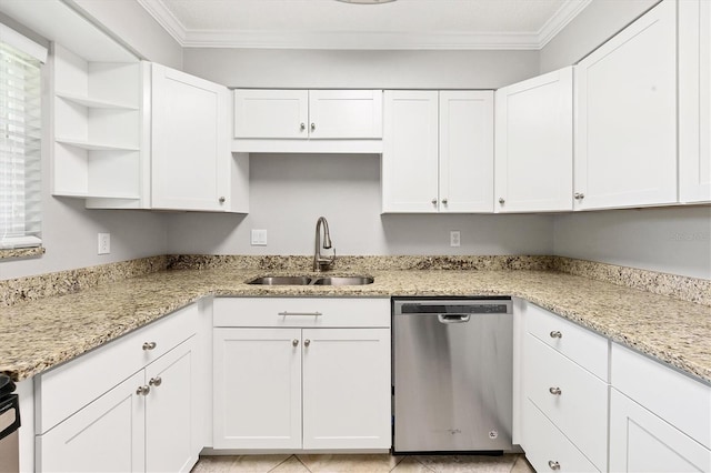 kitchen featuring sink, dishwasher, light stone countertops, and white cabinets