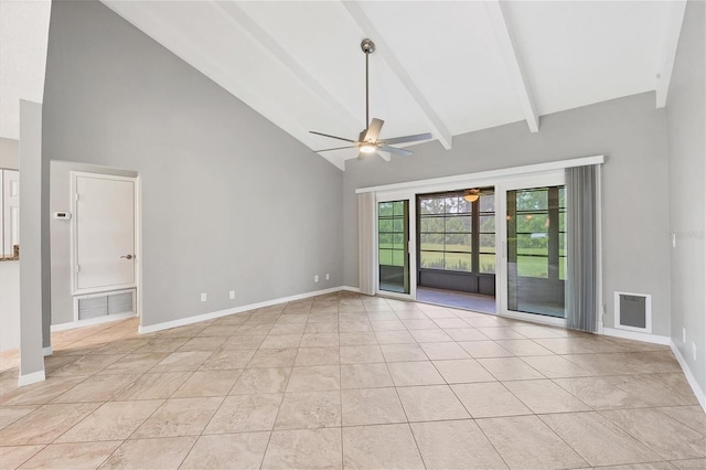 unfurnished room featuring high vaulted ceiling, ceiling fan, light tile patterned floors, and beam ceiling