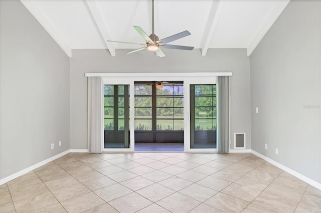 spare room featuring ceiling fan, light tile patterned floors, and vaulted ceiling with beams