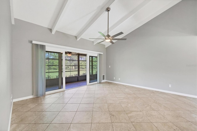 tiled empty room featuring high vaulted ceiling, beamed ceiling, and ceiling fan