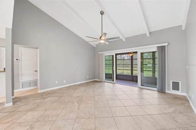 6384 Draw Ln Unit 38, Sarasota, FL 34238 - spare room with ceiling fan, high vaulted ceiling, baseboards, light tile patterned flooring, and beamed ceiling