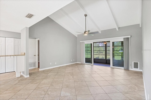 6384 Draw Ln Unit 38, Sarasota, FL 34238 - unfurnished living room featuring ceiling fan, high vaulted ceiling, light tile patterned floors, baseboards, and beam ceiling