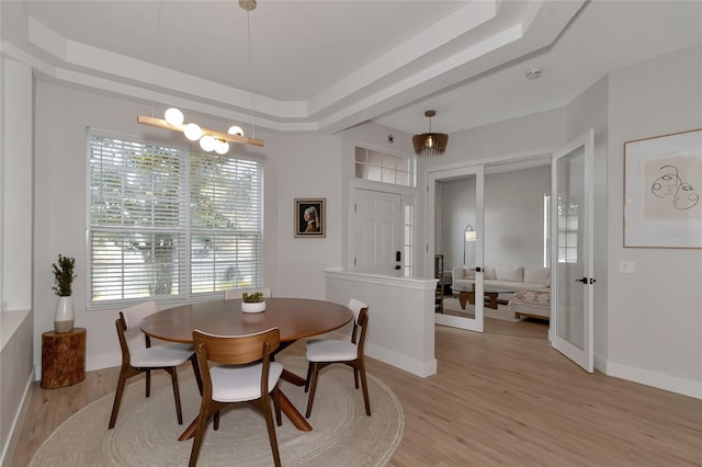 dining space featuring a raised ceiling and light hardwood / wood-style flooring