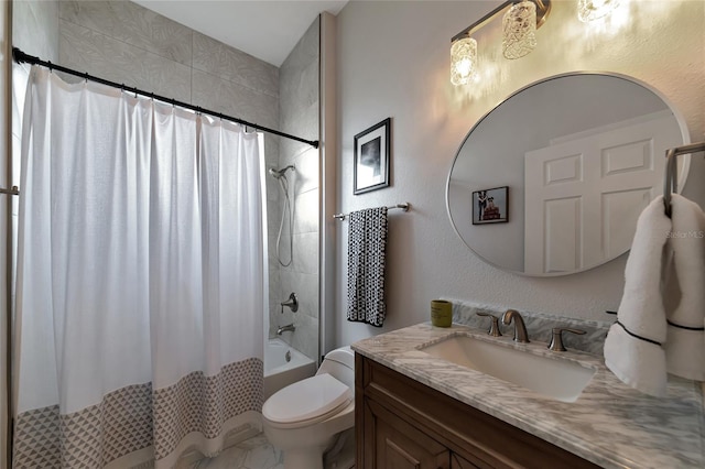 full bathroom with vanity, toilet, and shower / bath combo with shower curtain