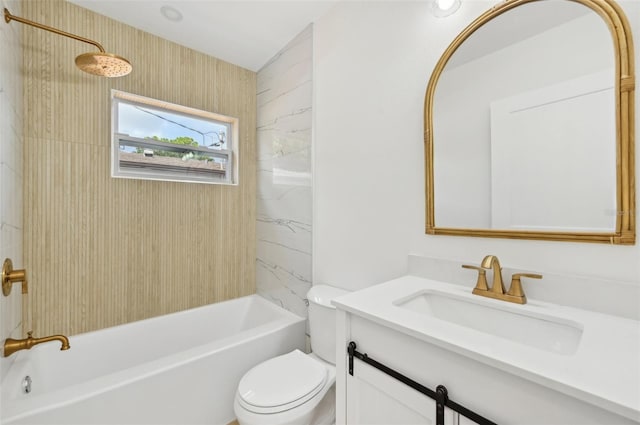 full bathroom with vanity, tiled shower / bath combo, and toilet