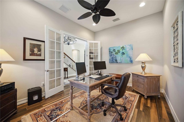 office with dark wood-type flooring, ceiling fan, and french doors