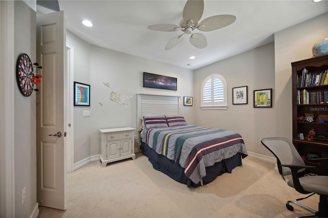 carpeted bedroom featuring ceiling fan