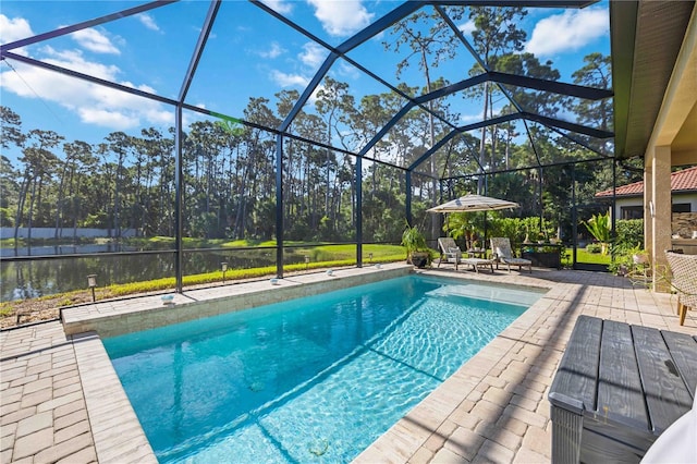 view of swimming pool with a water view, a lanai, and a patio area