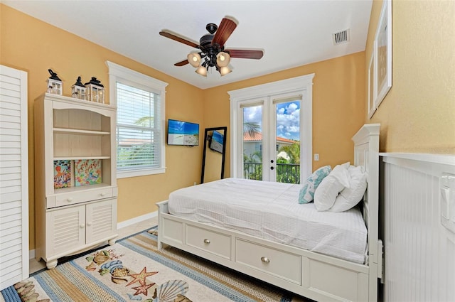 bedroom with access to exterior, ceiling fan, and french doors