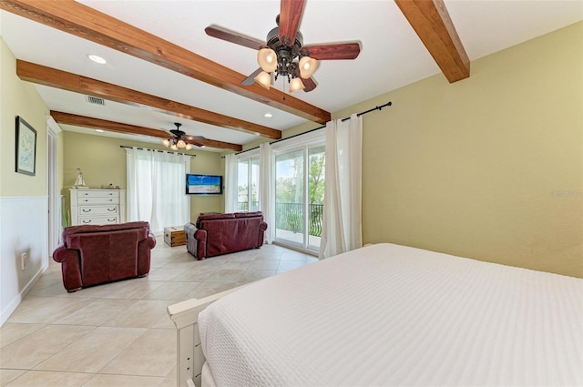 bedroom with beamed ceiling, ceiling fan, access to outside, and light tile patterned flooring