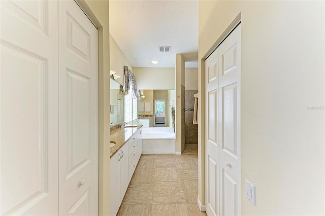 bathroom featuring separate shower and tub and vanity