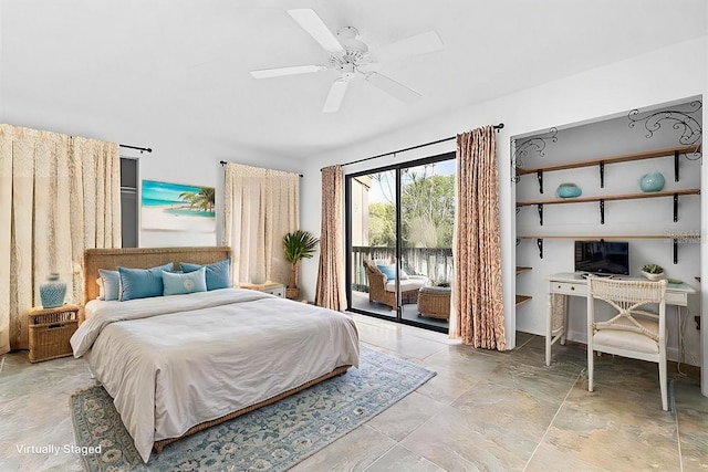 bedroom featuring ceiling fan and access to outside