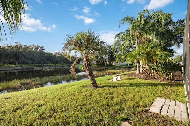 view of yard with a water view