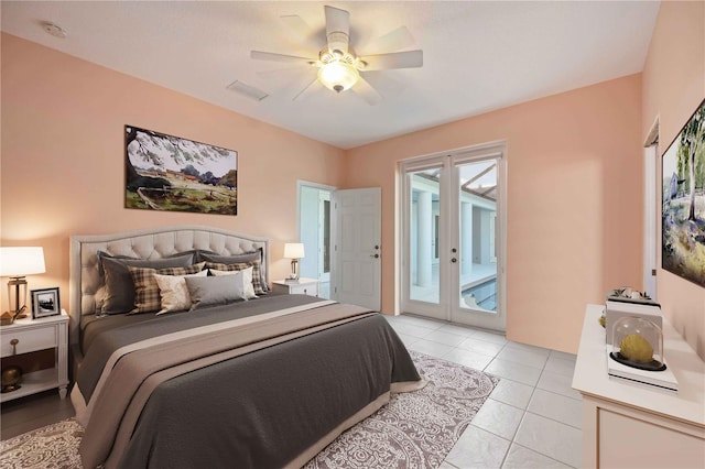 bedroom with ceiling fan, light tile patterned floors, and access to outside