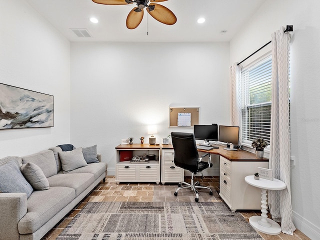 office area with ceiling fan