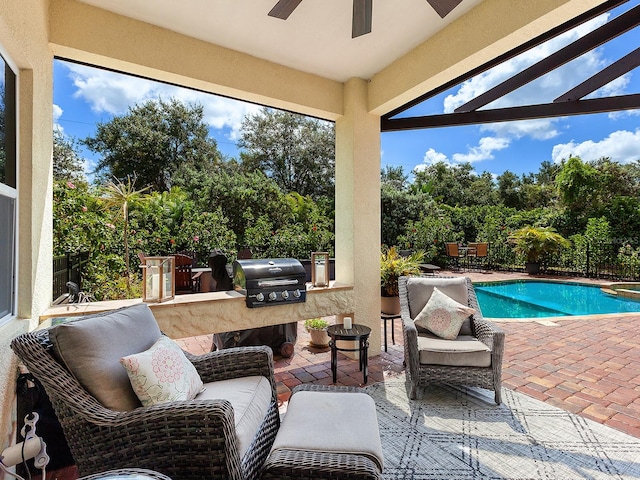 exterior space with lofted ceiling, ceiling fan, and a swimming pool