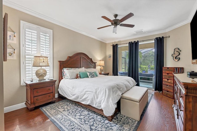 bedroom featuring dark wood-type flooring, ceiling fan, access to outside, and ornamental molding