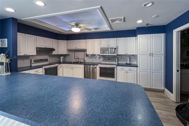 kitchen with dark countertops, a raised ceiling, visible vents, appliances with stainless steel finishes, and under cabinet range hood