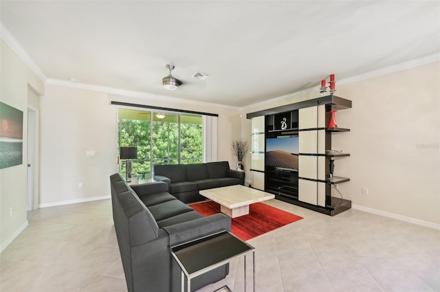 living area featuring light tile patterned floors, baseboards, visible vents, and crown molding