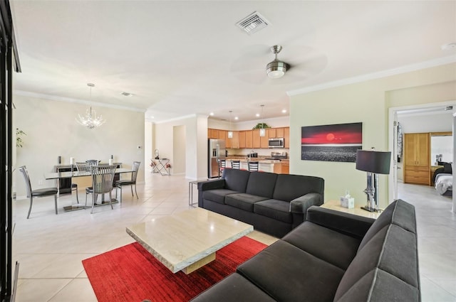 living area featuring recessed lighting, visible vents, ornamental molding, light tile patterned flooring, and ceiling fan with notable chandelier