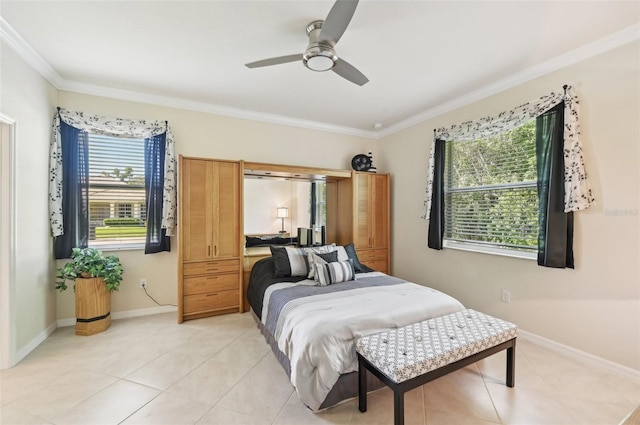 bedroom with light tile patterned floors, ornamental molding, and baseboards