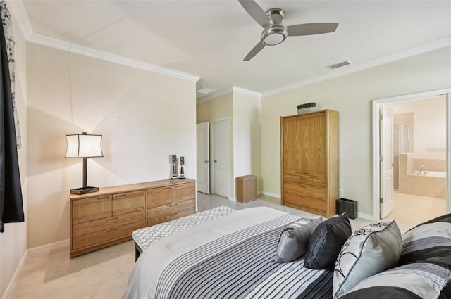 bedroom with light tile patterned floors, visible vents, ensuite bathroom, ornamental molding, and baseboards