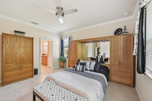 bedroom with baseboards, visible vents, ceiling fan, ornamental molding, and light tile patterned flooring