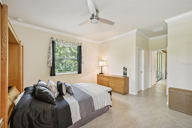 bedroom with light tile patterned floors, ceiling fan, ornamental molding, and baseboards